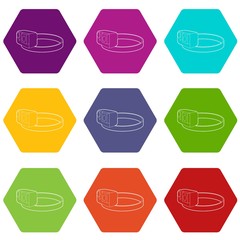 Action camera for heads icons 9 set coloful isolated on white for web