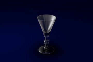 3D illustration of liqueur or vermouth glass on dark blue design background - drinking glass render