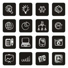 Business Enterprise Icons Freehand White On Black 