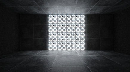 Futuristic dark tunnel with round neon lamps and reflections, illuminated on an empty wall neon light, corridor, room, smoke. Abstract tunnel and neon circle. 3D Rendering