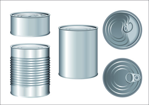 Illustration 3-D sur fond blanc de plusieurs boites de conserve aux couleurs métallique argent. Une série d’image vectorielles vue de face et du dessus.