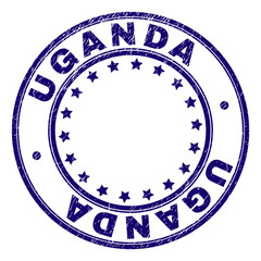 UGANDA stamp seal watermark with grunge texture. Designed with circles and stars. Blue vector rubber print of UGANDA caption with grunge texture.