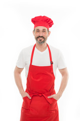 I will clean and cook for you. Bearded mature man in chef hat and apron. Senior cook with beard and...