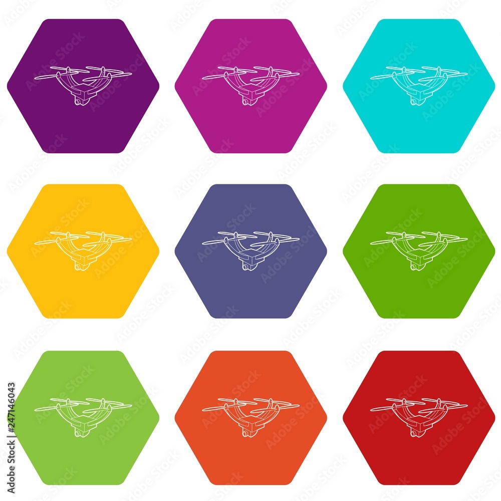 Poster drone with camera icons 9 set coloful isolated on white for web