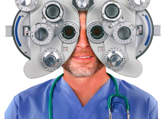 Optometrist specialist doctor smiling happy looking through optometric hospital device and checking...
