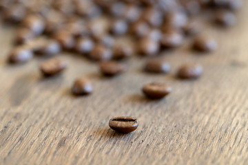 close up of coffee beans on wood table