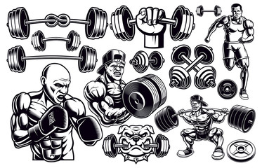 Set of black and white design elements for gym.