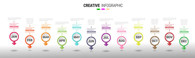Year planner, 12 months, 1 year, Timeline infographics design vector.