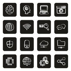 Artificial Intelligence Icons Freehand White On Black 