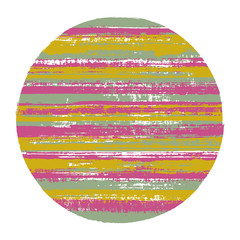 Rough circle vector geometric shape with striped texture of paint horizontal lines. Old paint texture disk. Stamp round shape logotype circle with grunge background of stripes.