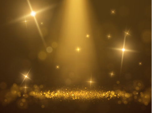 Shiny glittering dust particles spotlight with bokeh circles holiday background. Vector eps10.