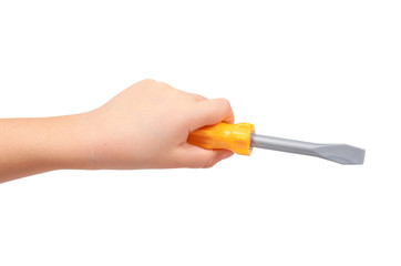 Kids hand with yellow toy screwdriver, repair tool