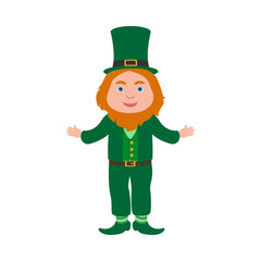 Smiling leprechaun standing and welcomes. Vector illustration.
