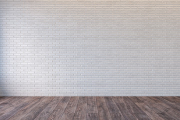 Loft interior with blank white brick wall and wooden floor. 3d render illustration mock up.