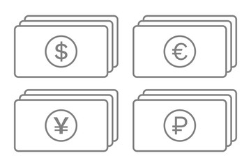 Stacks of Dollar, EURO, Yen, Yuan and Ruble banknotes. Outline. Vector.