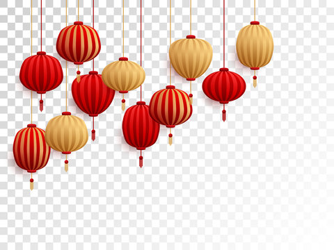 Red and gold chinese lanterns on transparent.