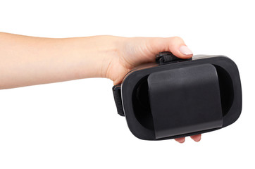 Hand with black plastic VR headset, Virtual Reality mask.