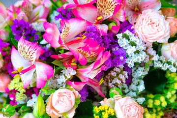 Roses flowers and petals background. a bouquet of beautiful flowers for a gift. greeting card.