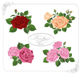 Vector floral design in frame. Bouquets of red pink yellow roses wedding flowers and tender leaves. The elements are isolated on a white-Vector.
