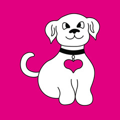 Colorful illustration. Cute dog in white with red heart on chest on bright background.