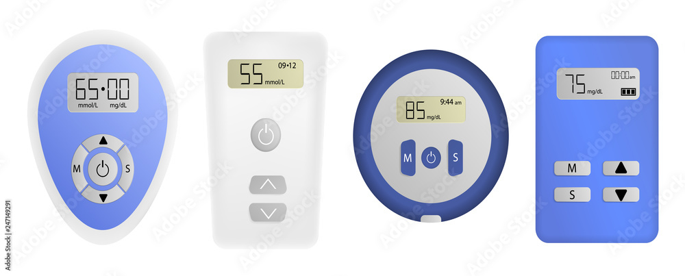Poster glucose meter icons set. realistic set of glucose meter vector icons for web design isolated on whit