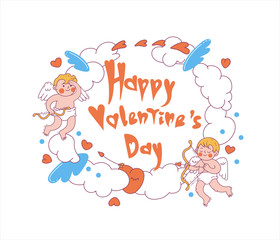 Cartoon greeting card for Valentine's day with cupids, clouds, hearts, wings,arrows and hand written text 
