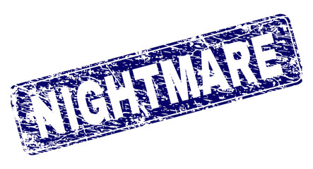 NIGHTMARE stamp seal print with distress texture. Seal shape is a rounded rectangle with frame. Blue vector rubber print of NIGHTMARE tag with dirty texture.