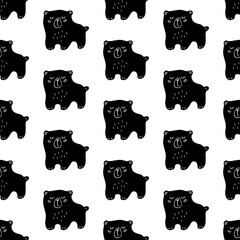 Cute cartoon animal background with hand drawn bears. Sweet vector black and white animal background. Seamless monochrome doodle animal background for textile, wallpapers, wrapping paper and cards.