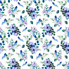 Blue feathers and pink anemone flowers with blooming snowberry twigs watercolor seamless pattern on white background