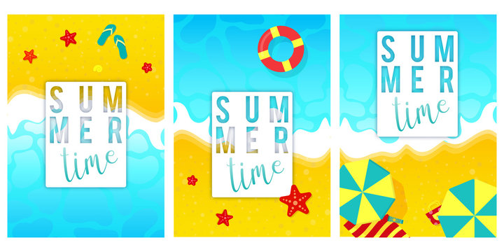 Set of summer travel flyers with beach items and wave. Top view. Vector illustration - Vector - Vector
