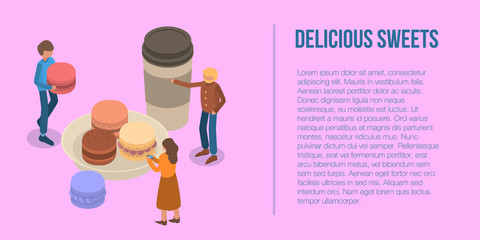 Delicious sweet macaroon banner. Isometric illustration of delicious sweet macaroon vector banner for web design