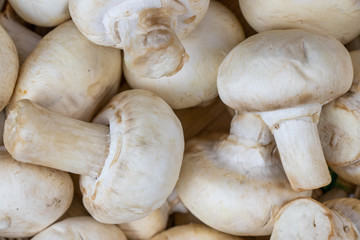 Fresh raw mushroom a wooden basket closeup top view