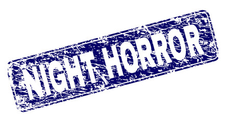 NIGHT HORROR stamp seal print with distress style. Seal shape is a rounded rectangle with frame. Blue vector rubber print of NIGHT HORROR title with grunge style.