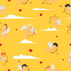 vector seamless pattern with funny cupids in the sky