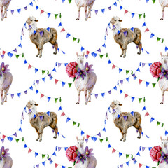 Funny watercolor seamless pattern of  alpaca with small flags decoration and cartoon llama with purple pasque-flower and pink peony illustration. Use for baby nursery room wallpaper, wrapping paper.