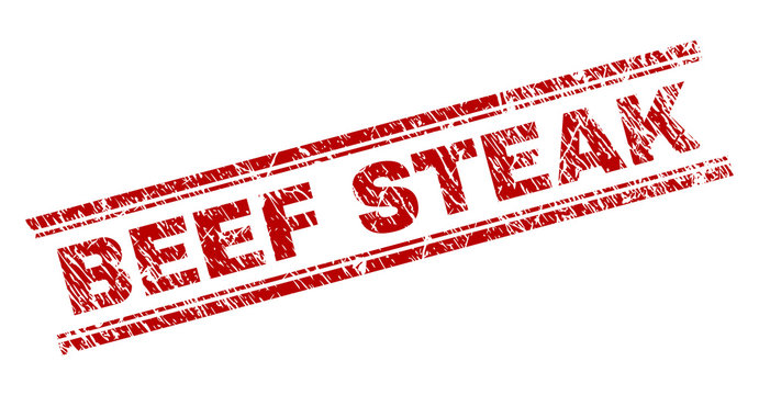 BEEF STEAK seal imprint with grunge texture. Red vector rubber print of BEEF STEAK tag with grunge texture. Text tag is placed between double parallel lines.