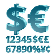3d volume figures. Isometric numbers. Characters Exchange Rates. Dollar. Euro. Blue.