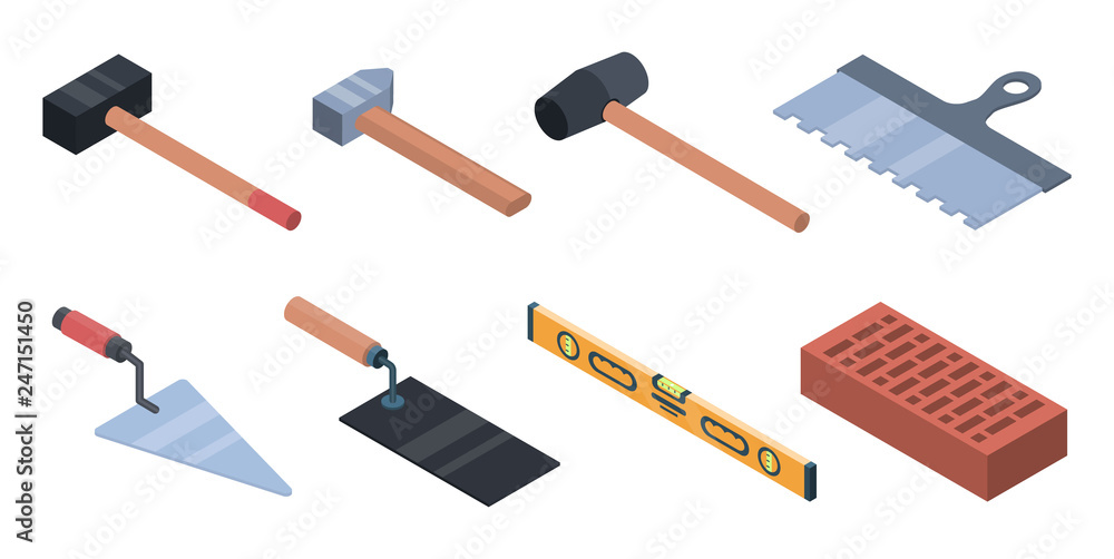 Poster masonry worker icons set. isometric set of masonry worker vector icons for web design isolated on wh