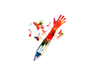 Obraz na płótnie Canvas Colorful pencil with arm raised and music notes vector illustration. Musical education and crative writing concept, tutorials, training classes, lessons and courses