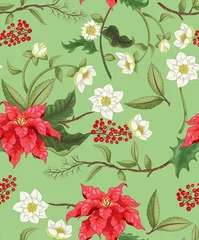 Deurstickers Poinsettia and hellebore flowers and berries floral pattern background © DNZ CreativeDesign