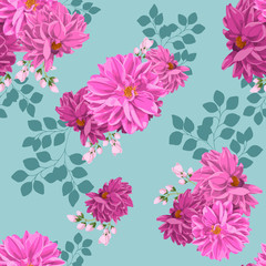 Flowers seamless pattern design print.Pink Dahlia with little flowers and branches on blue background