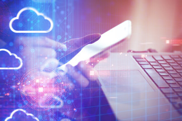 man touch smartphone with computer laptop in coffee shop for business network connect concept