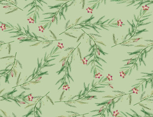 Flowers seamless pattern with branches and leaves white background