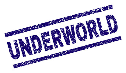 UNDERWORLD seal print with scratced style. Blue vector rubber print of UNDERWORLD text with dust texture. Text caption is placed between parallel lines.