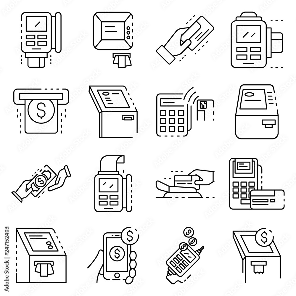 Poster bank terminal icons set. outline set of bank terminal vector icons for web design isolated on white 