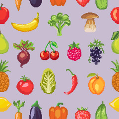 Fruits pixel vegetables vector healthy nutrition of fruity apple banana and vegetably carrot for vegetarians eating organic food illustration vegetated set diet background pattern