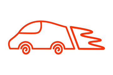 Fast car with fire in orange outline on white background. Symbol, sign, icon.