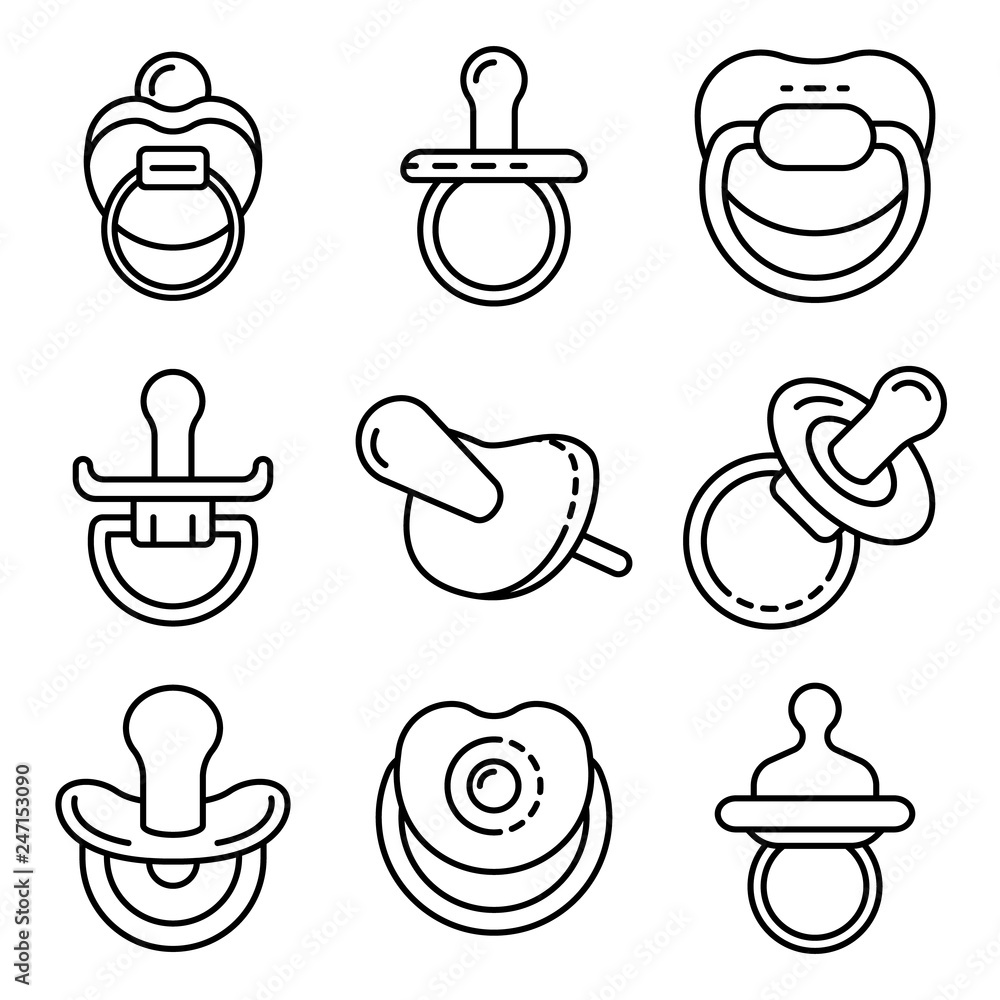 Poster pacifier icons set. outline set of pacifier vector icons for web design isolated on white background