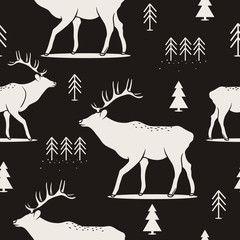 Seamless pattern, deers, fir-trees, hand drawn overlapping backdrop. Black and white background vector. Illustration with animals. Decorative wallpaper, good for printing