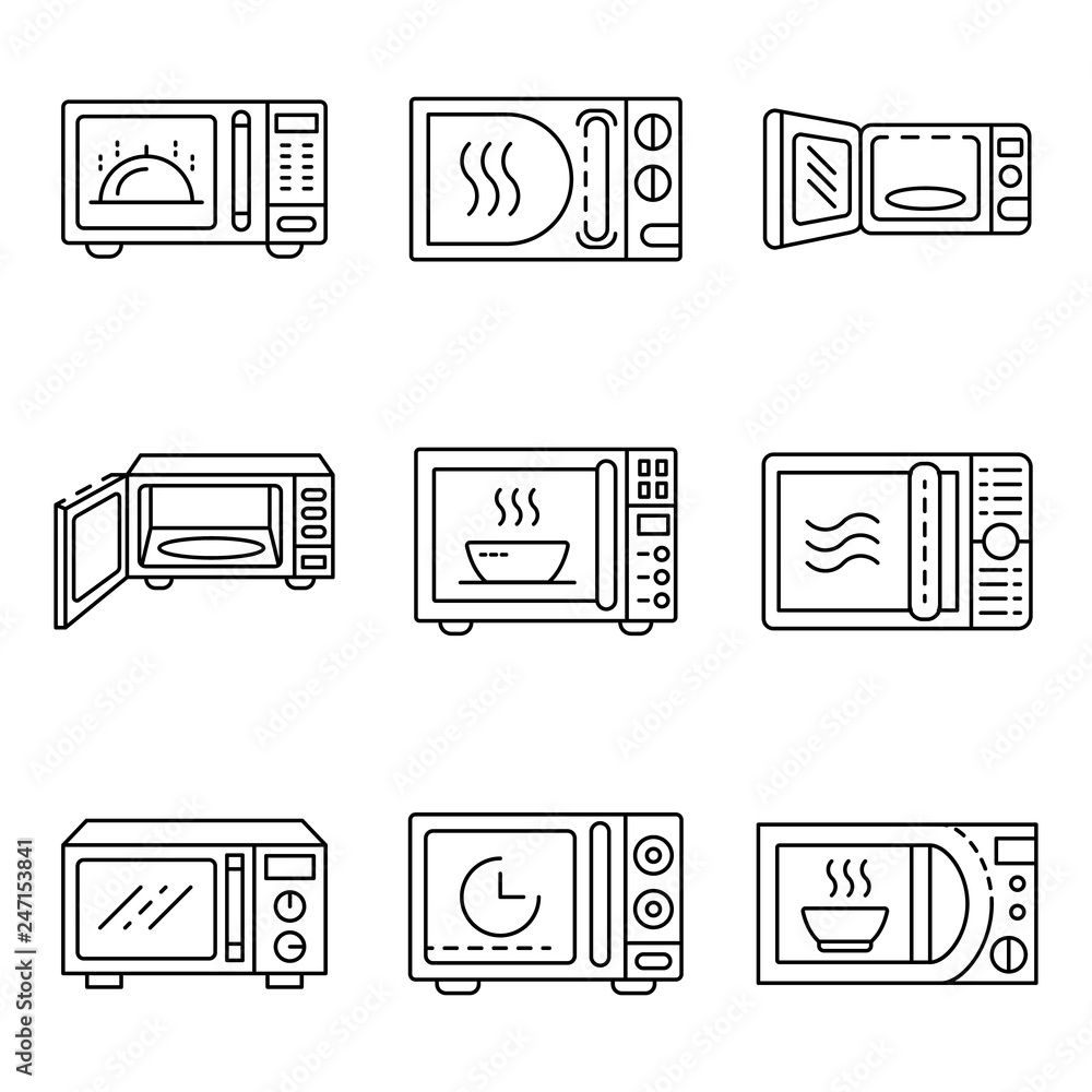 Poster microwave icons set. outline set of microwave vector icons for web design isolated on white backgrou
